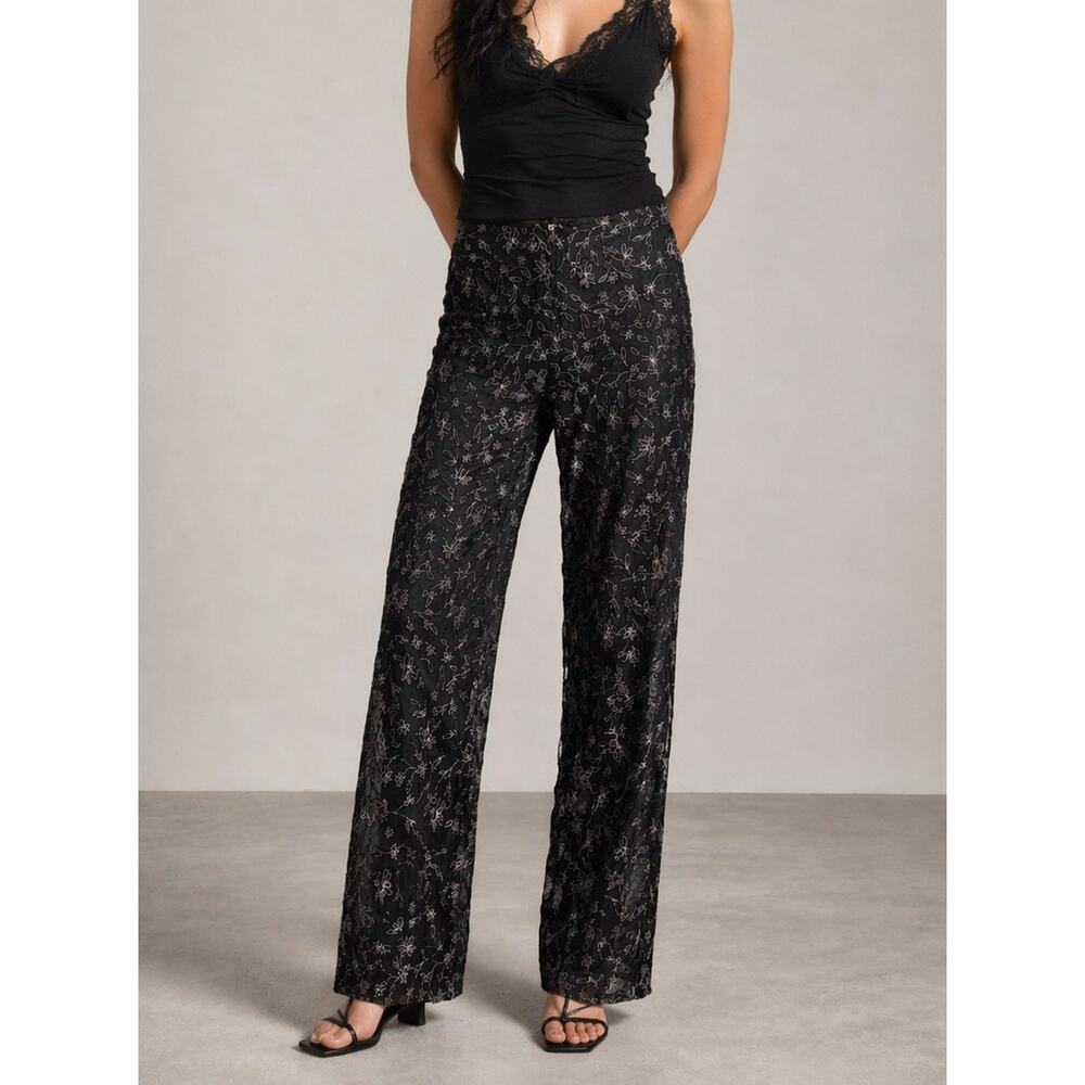Vintage Y2K Ronni Nicole Floral Glitter Mesh Satin Pants Cocktail Etherial M - Picture 1 of 7